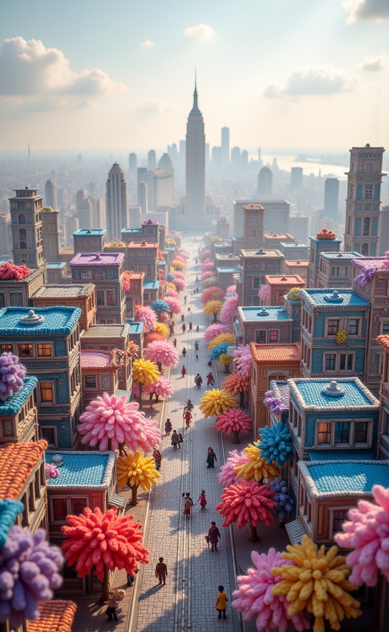 miluo_maoxian，A panoramic view of the city's architecture. Colorful Tathagata come to the world of communication. Sunshine, depth of field. Commercial photography, high-end texture. Mist, floating dust<lora:miluo丨画了个毛线v1.6:1>knitting wool