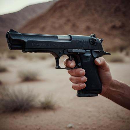 cinematic film still of a man pointing a desert eagle gun in his hand,  shallow depth of field,  vignette on Tensor.Art