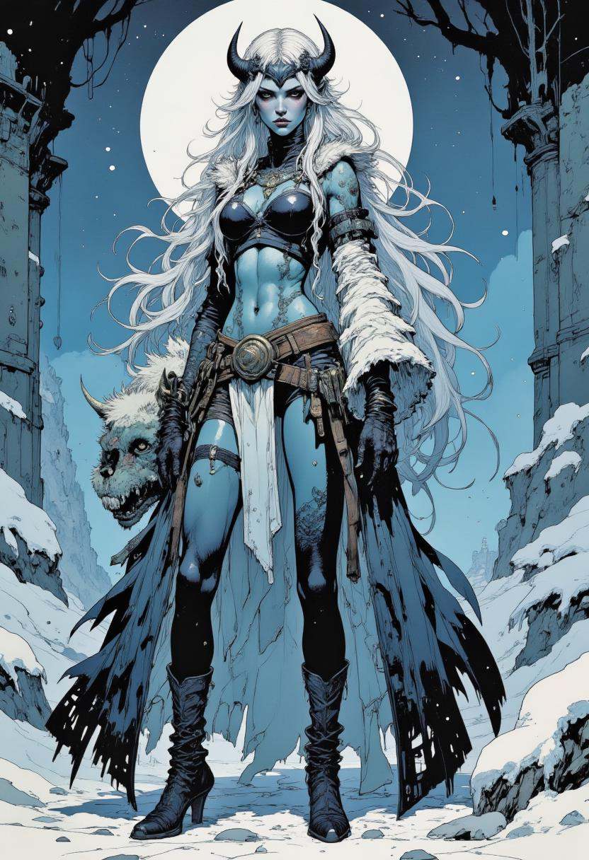 Queen of the underworld with long braided white hair,  one side of her face is demonic,  crown of dragon fangs on Tensor.Art