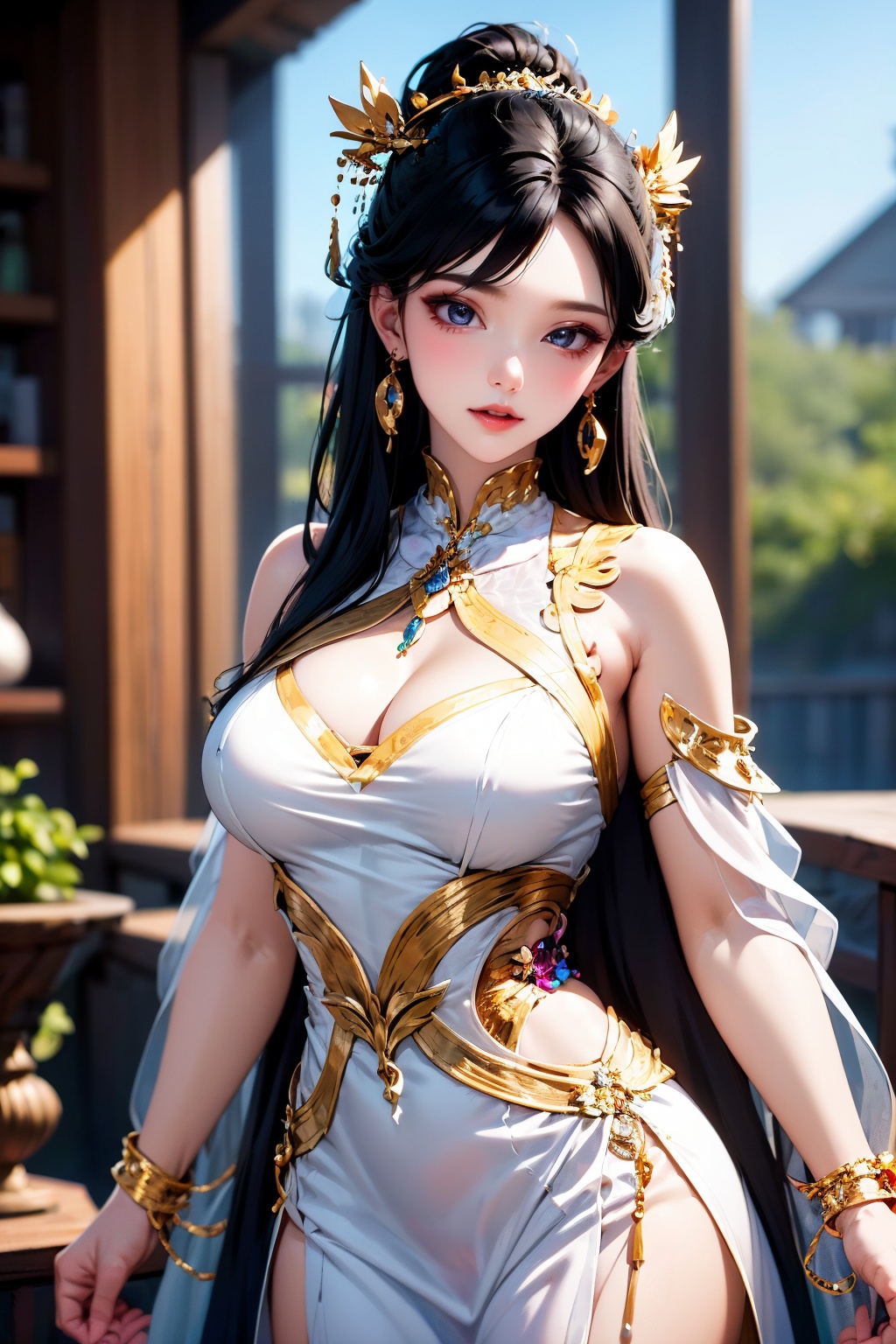 1girl, jewelry, solo, dress, white dress, earrings, long hair, breasts, black hair, clothing cutout, blurry background, hair ornament, 