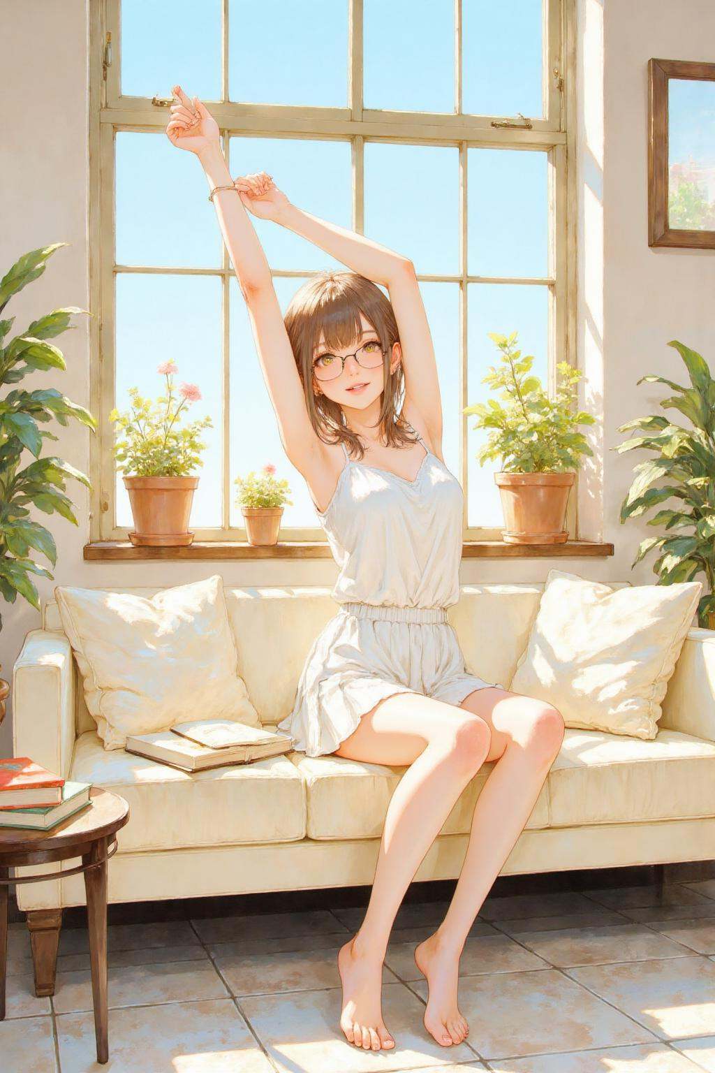 nijiwatercolor2 anime illustration.A woman is sitting on a light-colored sofa in a sunlit room. She is wearing a white sle...