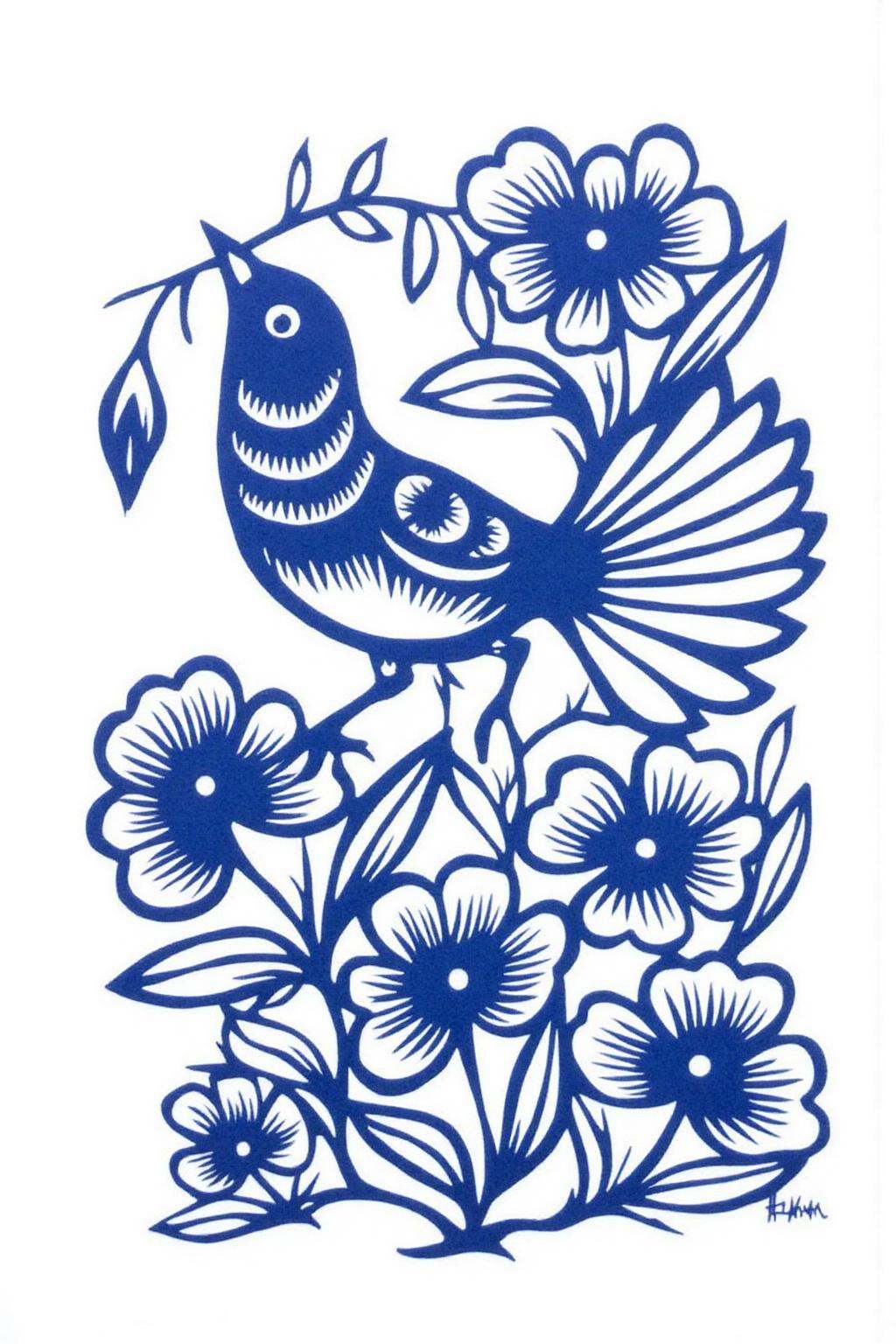 papercut art of a bird is standing on some flowers. It holds a twig in its beak. on Tensor.Art