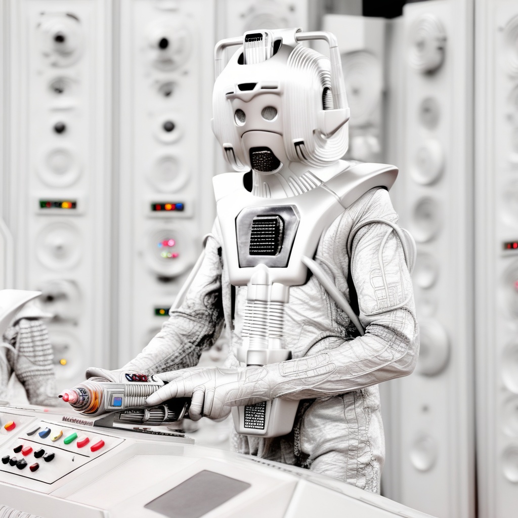 A Cyberman at a TARDIS console with a laser gun on the console on Tensor.Art