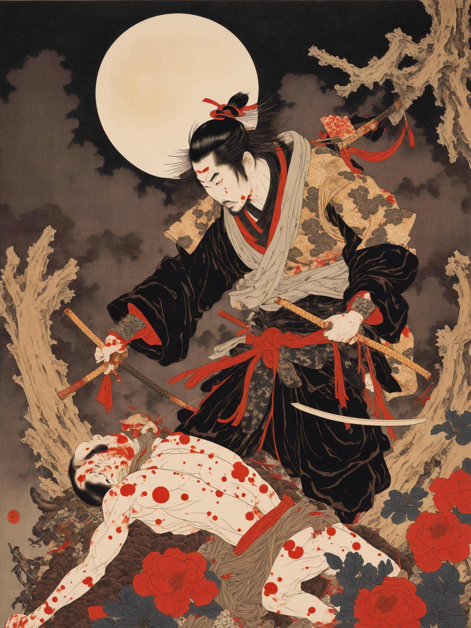 japanese line art ,  a samurai lower body missing visible skeletal structure ,  ripped rags on Tensor.Art