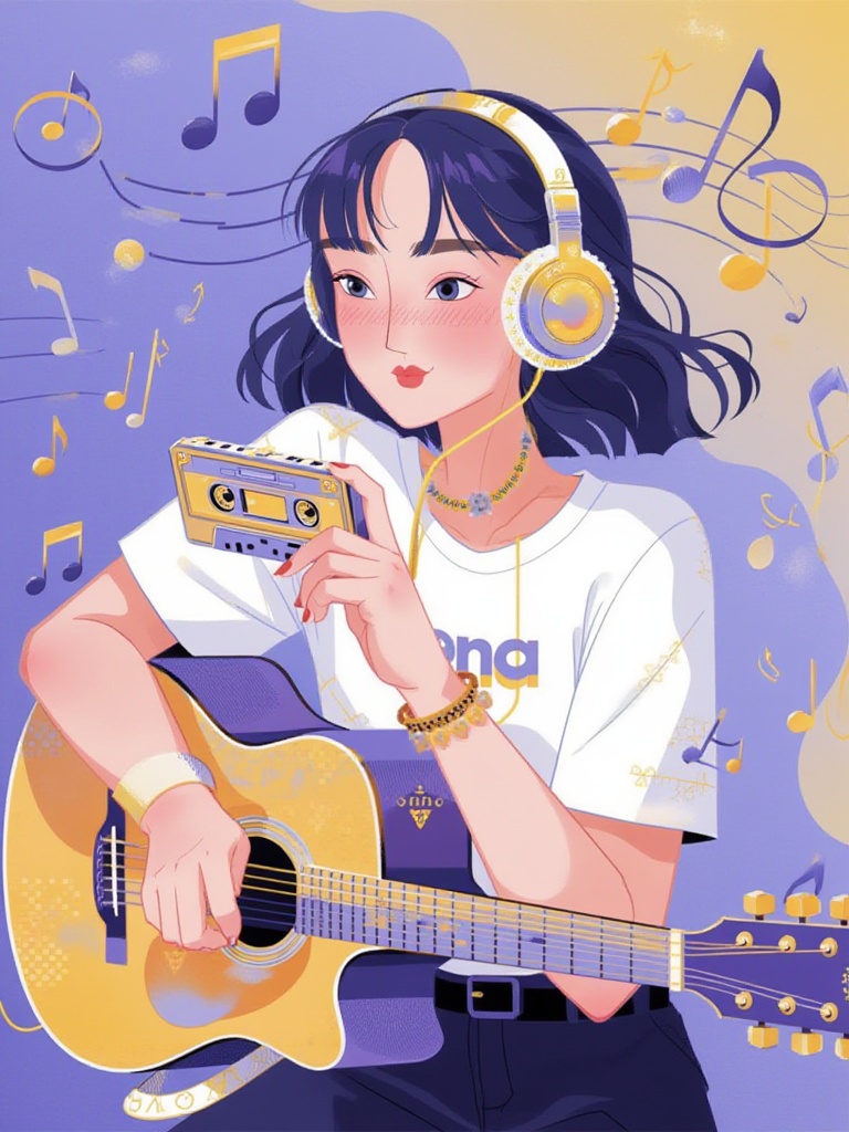 vector,  sc,  A flat-style digital illustration of a vibrant girl immersed in music on Tensor.Art