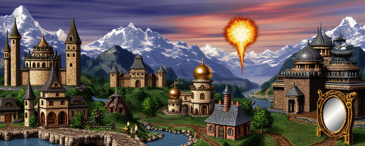 Original HoMM2 style town screen of a fantasy landscape illustration featuring a vibrant and intricate medieval-style city...