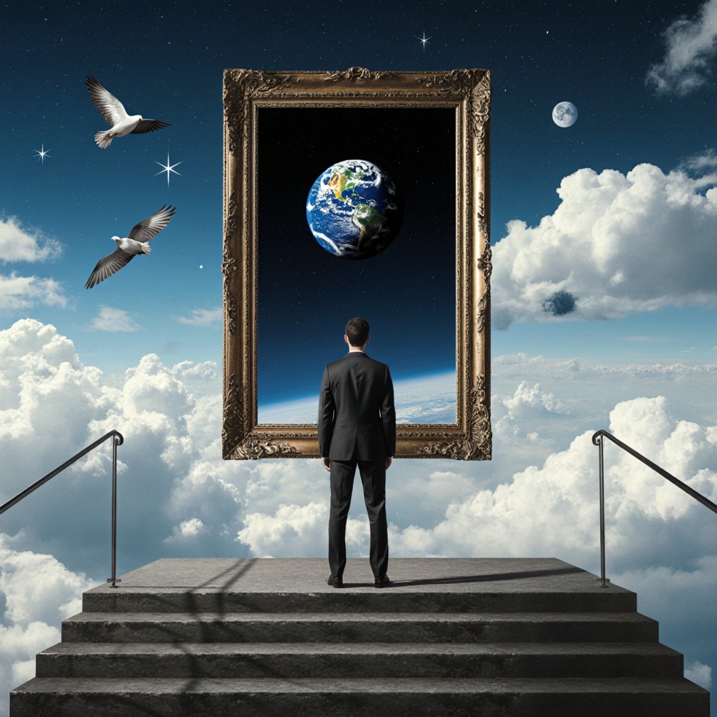 Surrealist art cinematic surrealistic style A surrealism photo of a man standing on a staircase in front of a mirror porta...