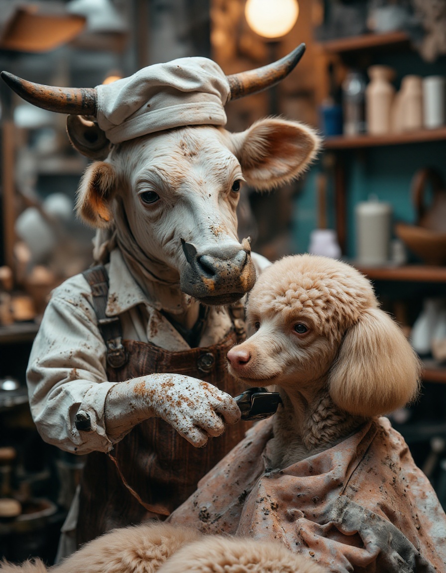 cow works as a barber and shaves a poodle on Tensor.Art