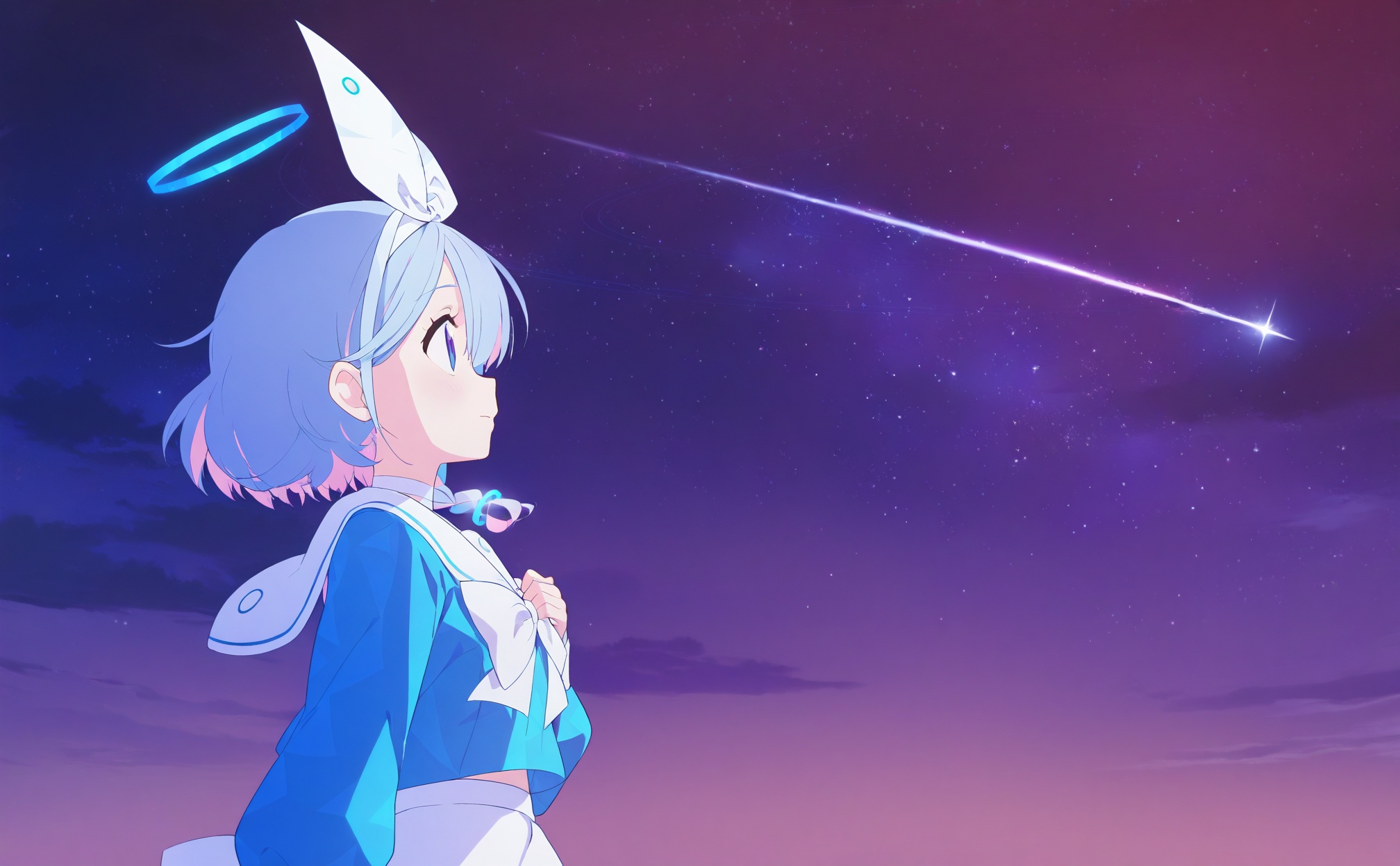 masterpiece,best quality,high quality,loli,1girl,solo,sky,arona (blue archive),halo,star (sky),blue hair,shooting star,starry sky,blue eyes,short hair,school uniform,night sky,white skirt,sailor collar,skirt,night,long sleeves,looking up,hairband,blue shirt,serafuku,multicolored hair,blue halo,white sailor collar,white hairband,colored inner hair,shirt,outdoors,pink hair,profile,from side,bow hairband,white choker,upper body,choker,closed mouth,braid,white neckerchief,hair over one eye,hand on own chest,white ribbon,<lora:BA2——【Illustrious】hans:1>,
