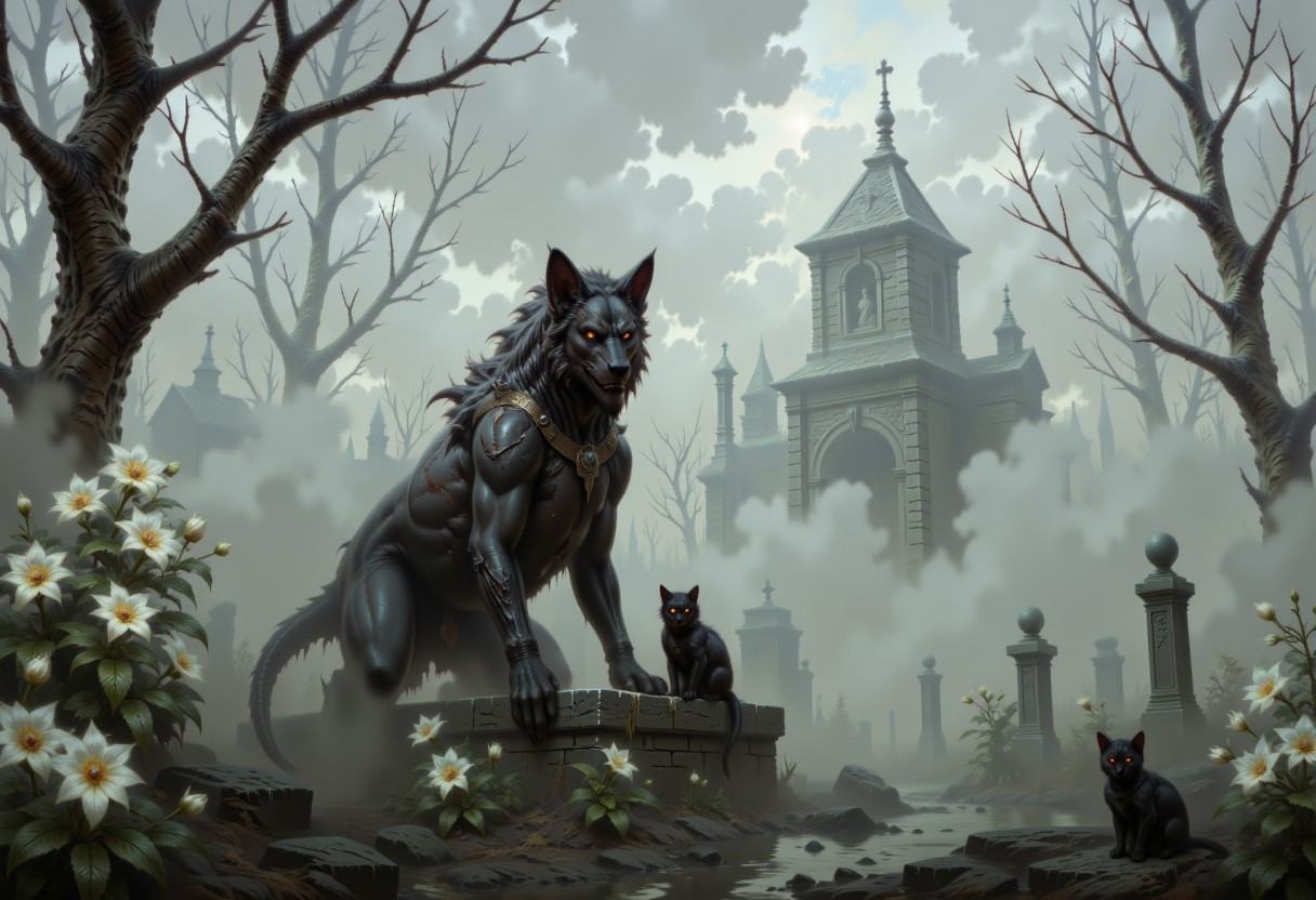 DFOP-V3.0 style dark fantasy oil painting that features fog covered graveyard,  graveyard is full of white flowers that ra...