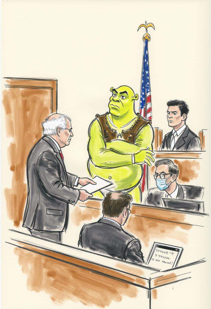 This is a detailed,  hand-drawn courtroom scene in a sketchy,  watercolor style depicting Shrek in trouble for indecent ex...