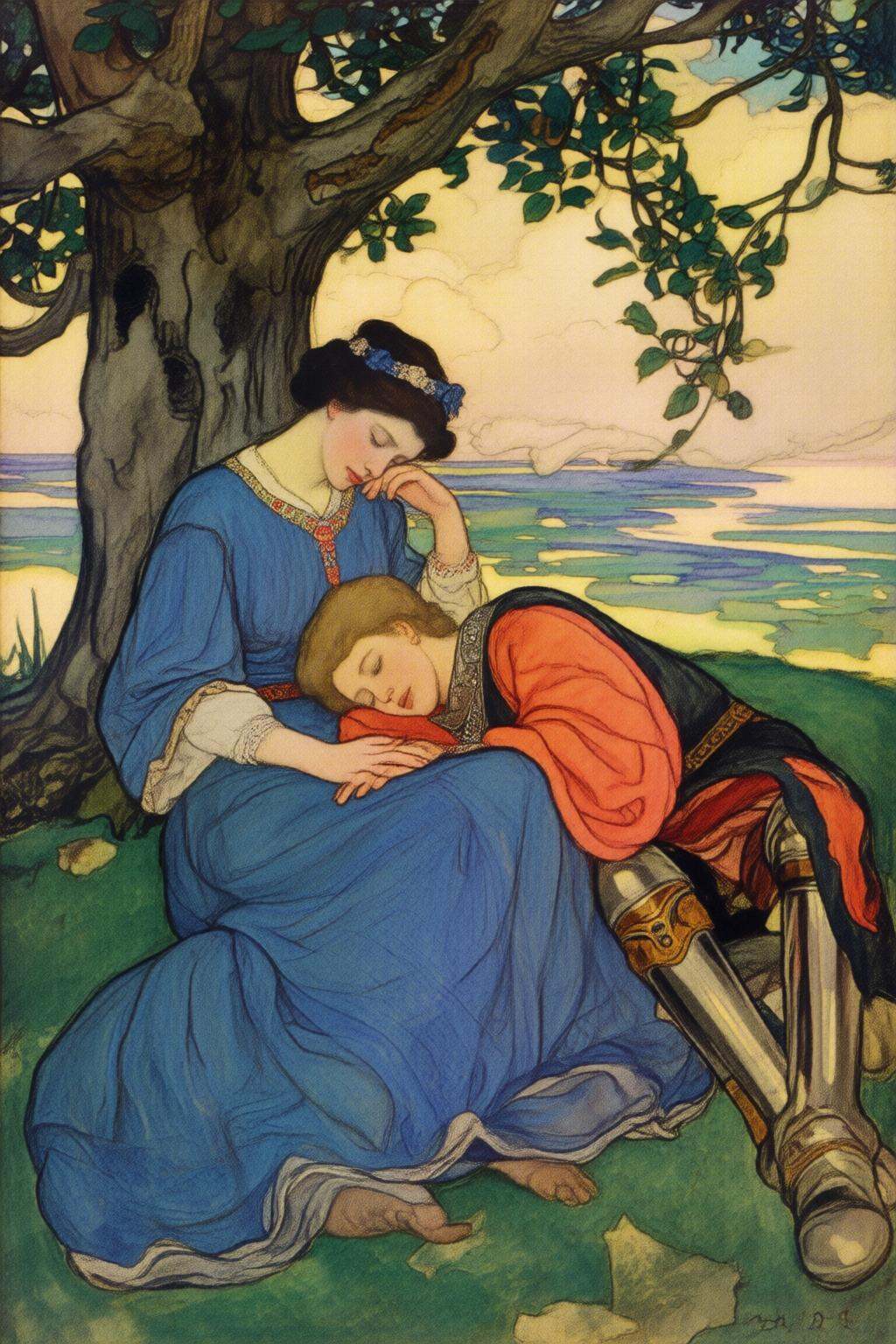 elizabethshippengreen2q illustration.A blonde knight and a lady sitting under a tree. The lady has dark hair and is wearin...