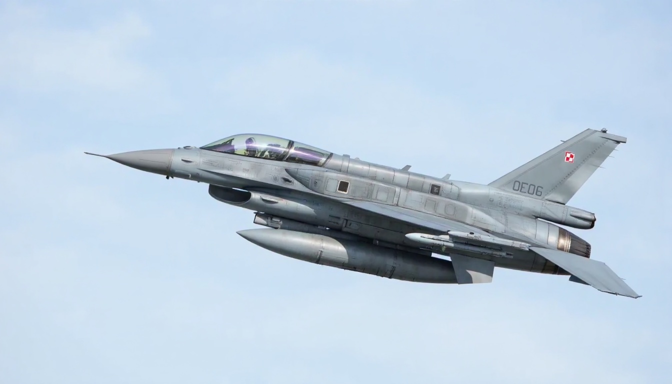 polishF16. The image is a high-resolution photograph of a military jet aircraft,  specifically a F-16 Fighting Falcon,  ca...