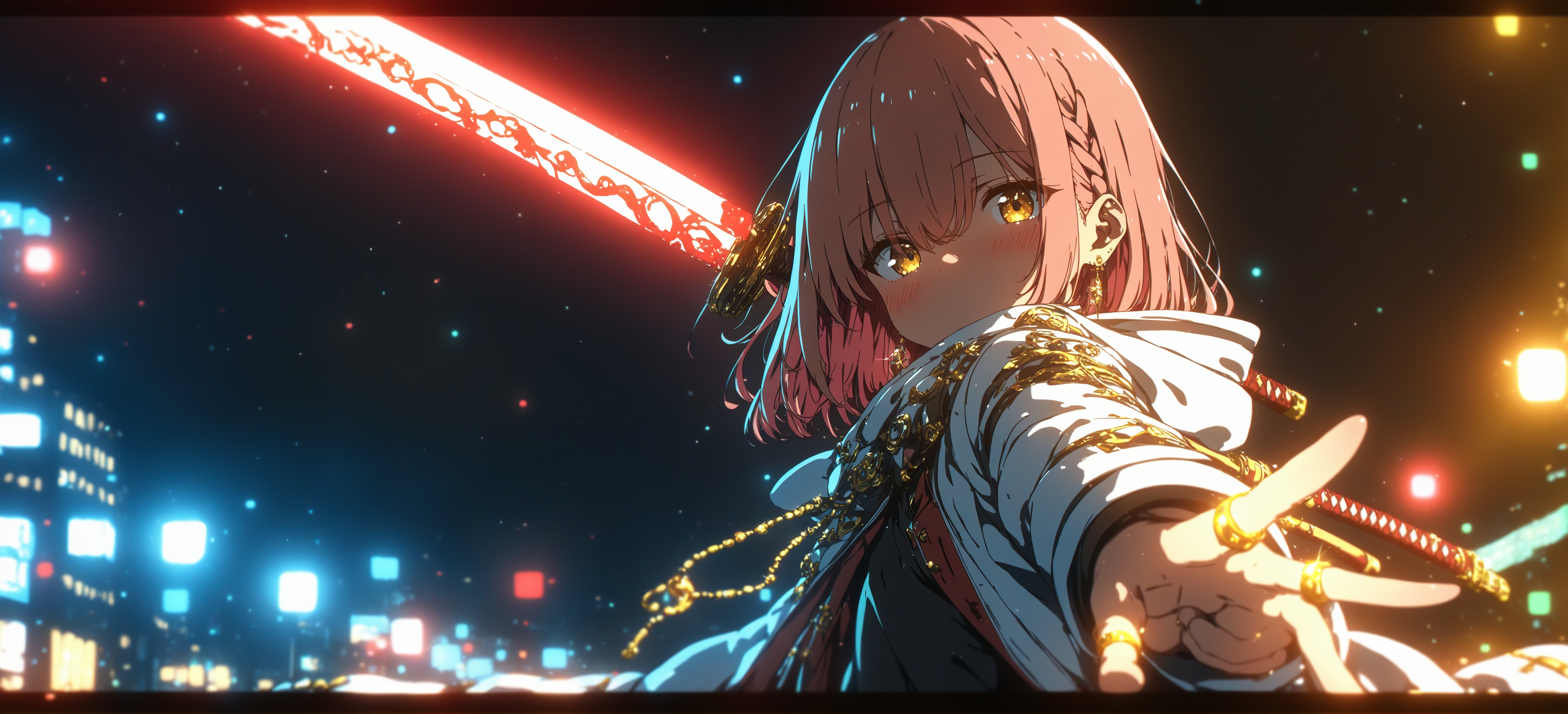 best quality,masterpiece,absurdres,newest,<lora:GENESIS_MK0.2:1>,(nj \(annj\):1.3),(high-key lighting, volumetric lighting,light rays,sunlight:1.1)letterboxed, 1girl, weapon, sword, solo, holding, jewelry, holding sword, holding weapon, ring, blush, yellow eyes, braid, earrings, looking at viewer, blurry, katana, blurry background, outdoors, multicolored hair, bangs, depth of field, hair between eyes, night, upper body, hood down, hood, eyebrows visible through hair, long sleeves, glint, shirt, brown hair, covered mouth, jacket, black shirt, pink hair, long hair, medium hair, building, white jacket, brown eyes, virtual youtuber, open clothes, cloak, night sky, foreshortening, outstretched arm,Presenting a young woman of remarkable appearance, she possesses long, straight hair with a gentle wave, and her complexion is fair. Her eyes are a striking yellow, fringed by thick, dark eyelashes, and there is a faint blush on her cheeks, suggesting a sense of shyness or embarrassment. She is grasping a large, elaborate sword with a red hilt, which she is directing towards the viewer with her right hand. Her left hand is embellished with several gold rings, imparting a touch of regal elegance. She dons a white, hooded cloak featuring intricate designs and a high collar, indicating a medieval or fantasy theme. The background is blurred, yet it seems to be a night scene with a dark, starry sky and indistinct, out-of-focus lights, suggesting an urban setting. The overall color palette is dominated by teal and black, along with subtle nuances of red and green, enhancing the dramatic and intense atmosphere. The illustration is highly detailed, with an emphasis on texture and depth, characteristic of high-quality digital art., ,