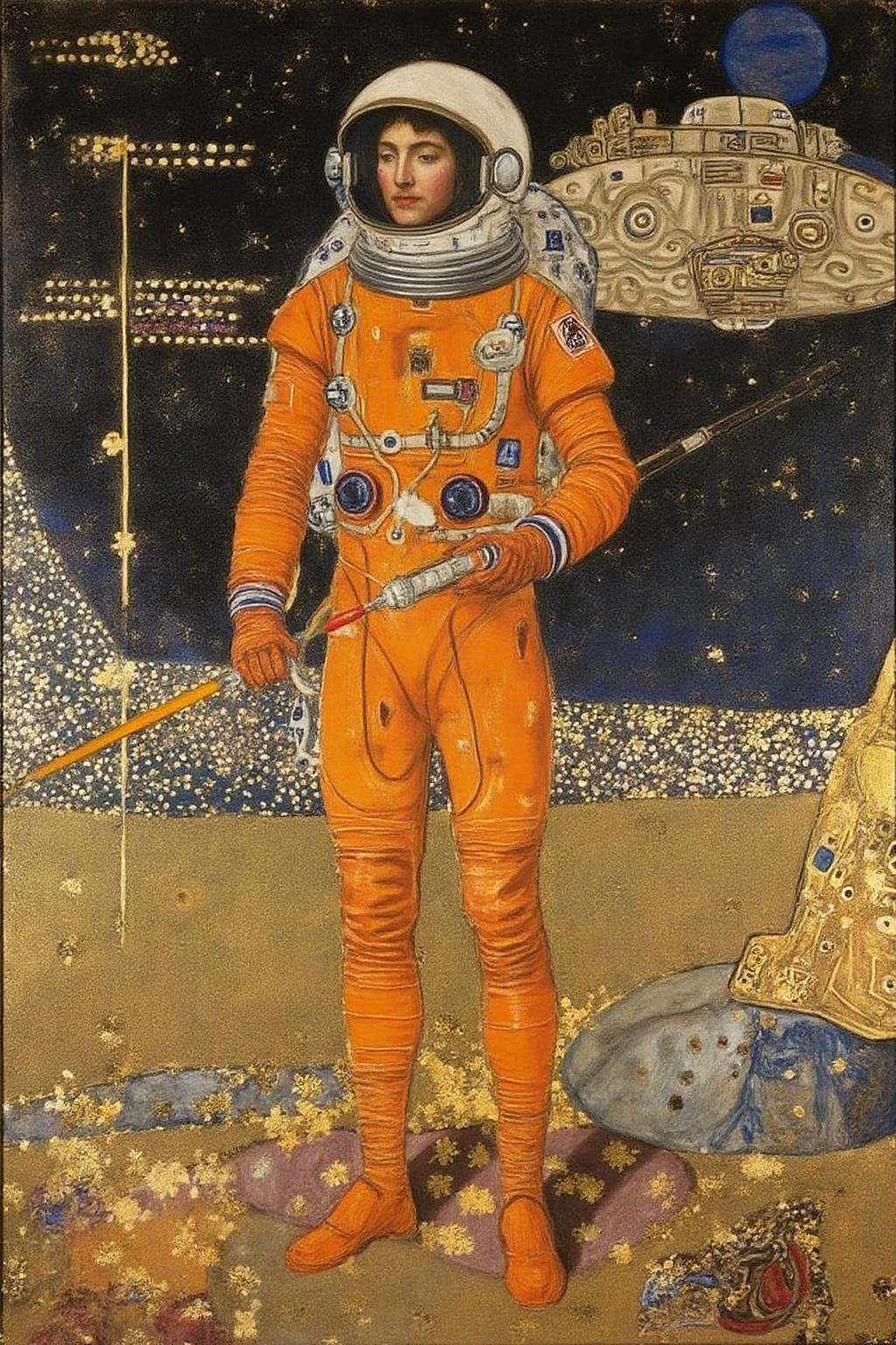 kl1mt painting. A serene astronaut,  wearing a slick futuristic orange space suit,  holding a giant laser on Tensor.Art