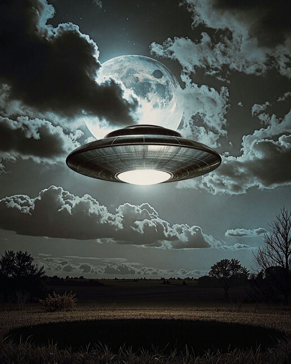 on the night of a full moon,  a large,  metallic flying saucer hovers in the sky. This surrealistic digital artwork captur...