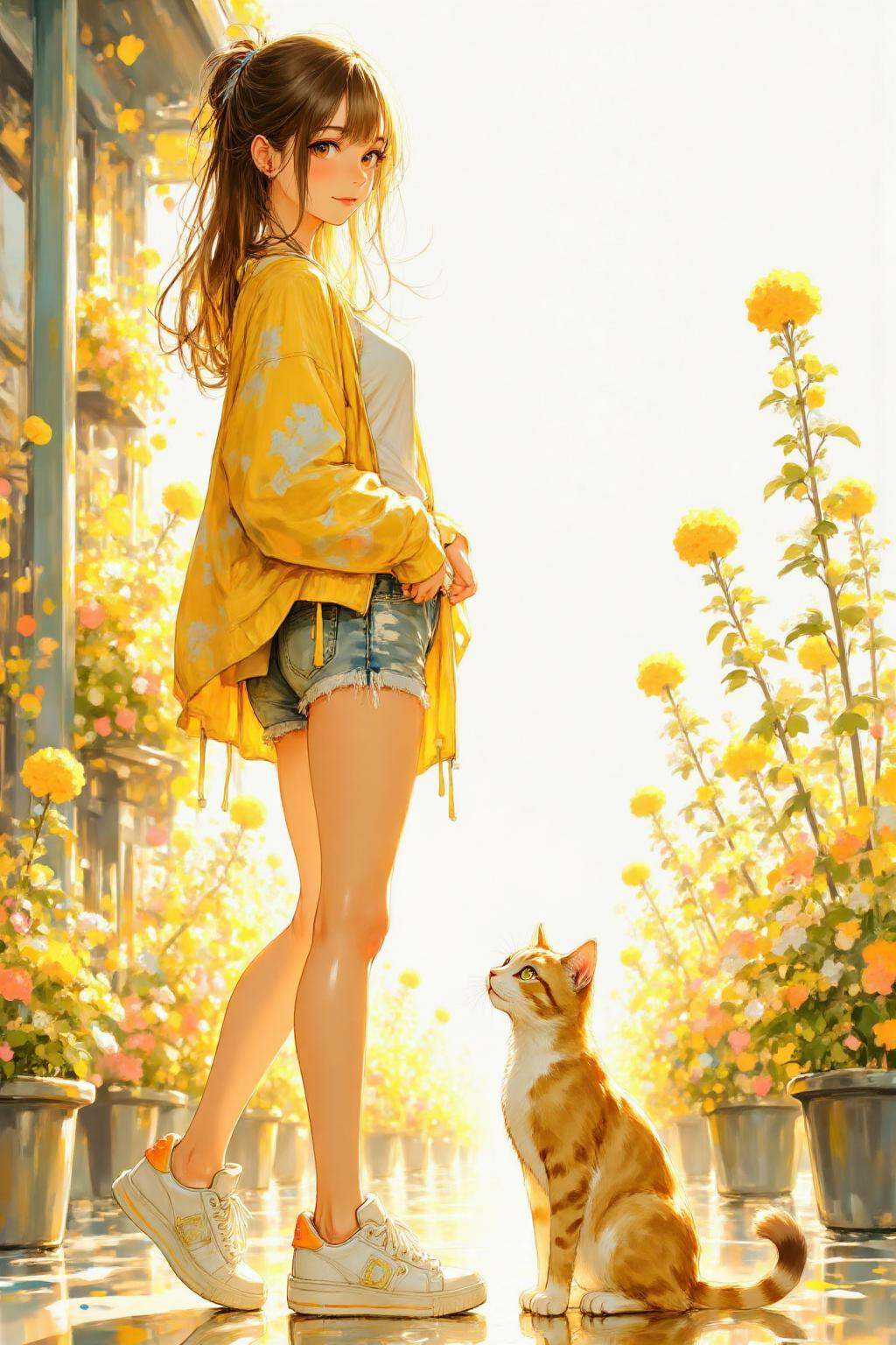 nijiwatercolor2 anime illustration.A young woman,  shown in side profile,  is standing outdoors on Tensor.Art