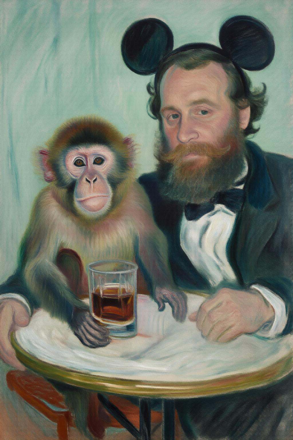 claudemonet2q painting. A small monkey and a man wearing Mickey Mouse ears,  sitting at a table drinking tea on Tensor.Art