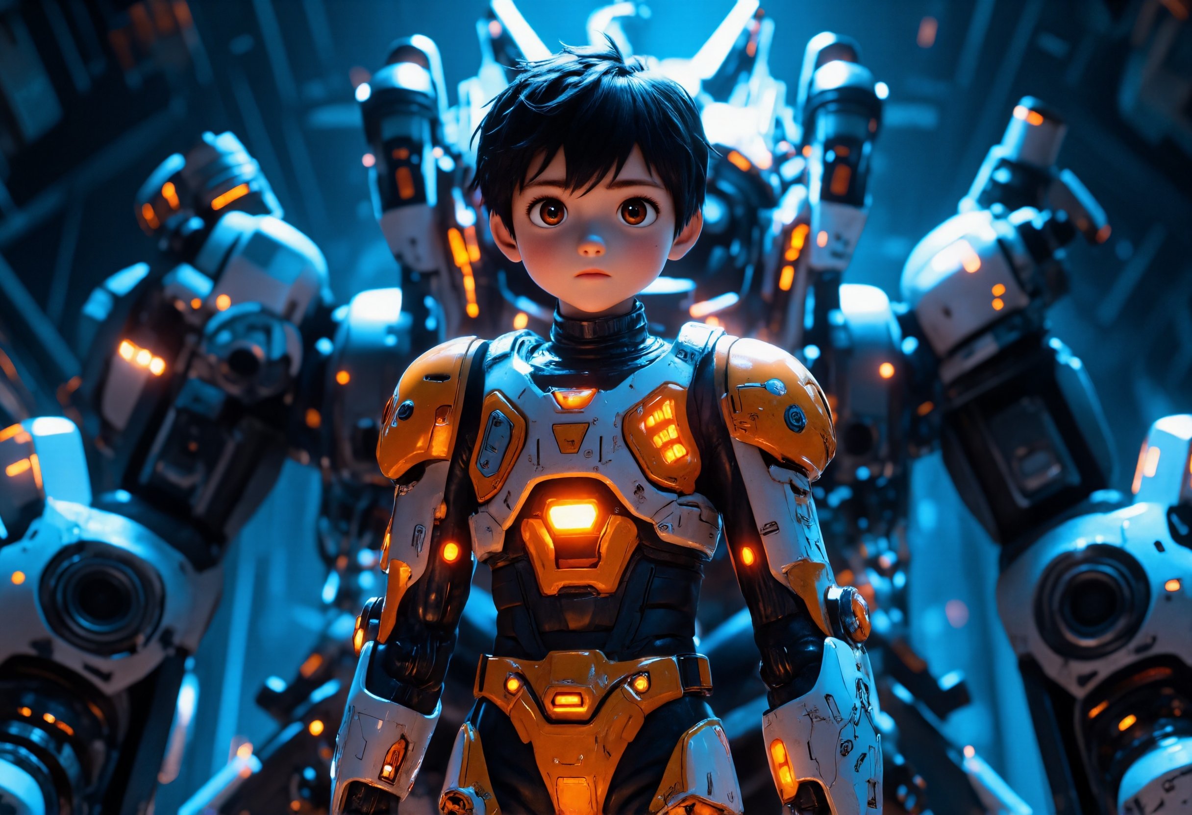 3D anime style,  a young pilot inside a highly detailed mechanical hangar,  wearing a vibrant futuristic mecha suit with g...