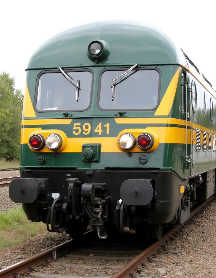 SNCB Series 59 diesel locomotive in green livery. The white headlights are on at the front. It is on the tracks,  near a r...