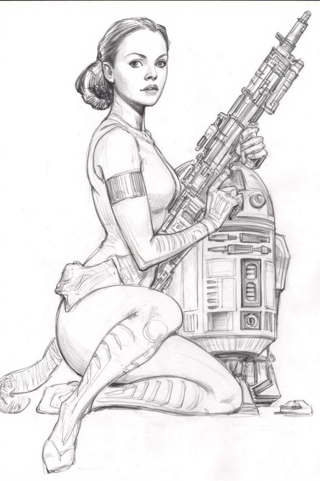 Pencil sketch.Queen Padme Amidala from Star Wars,  is sitting on the ground,  holding a futuristic weapon. She is dressed...