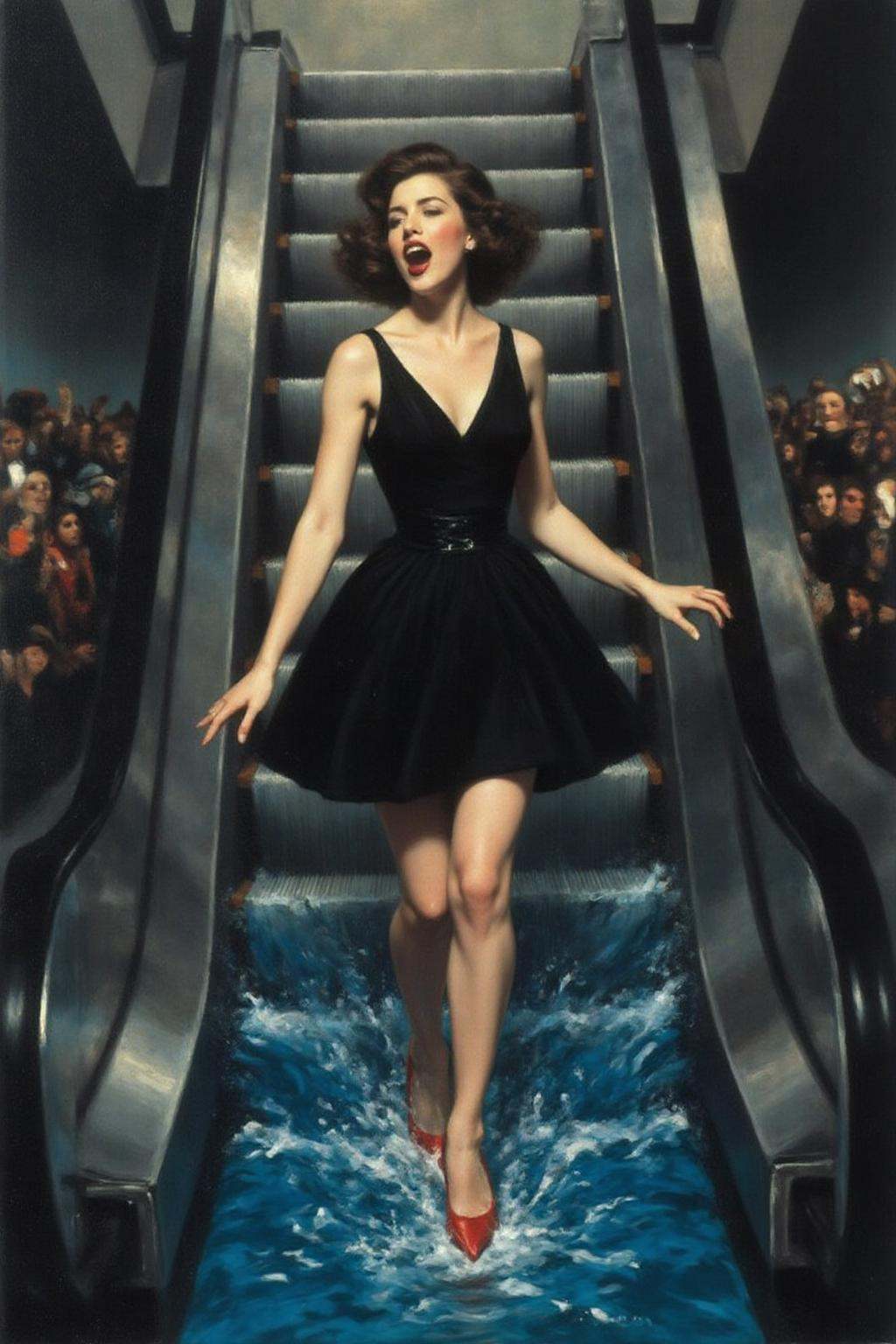 jore1 painting. a woman in a chic little black dress and vibrant red high heels,  gracefully descending an escalator. She...