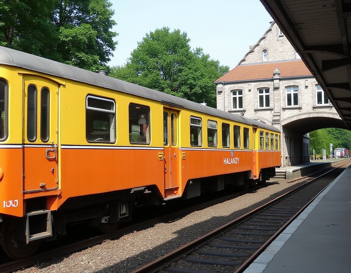 A quaint train station scene featuring a vibrant yellow and orange train,  symbolizing nostalgia and charm. The station,...