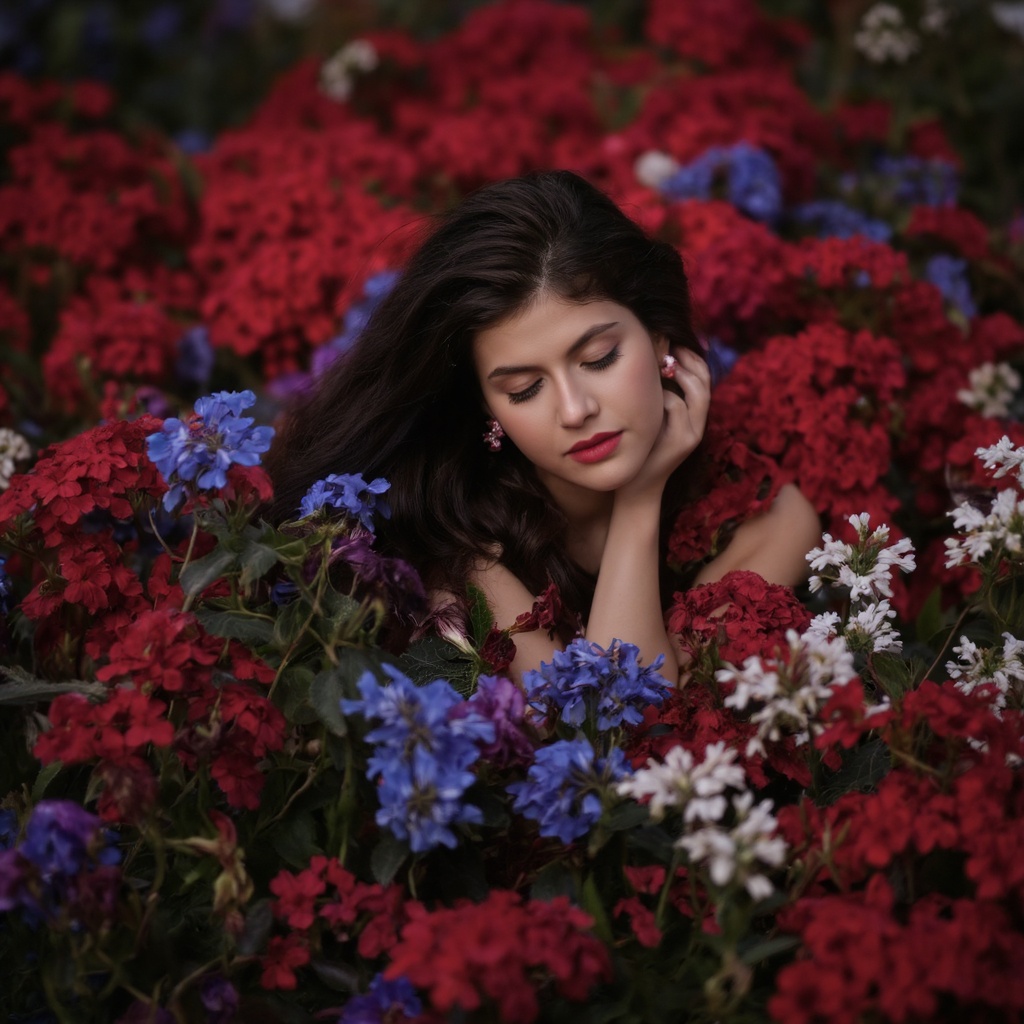 A dreamy,  ethereal portrait of alexandra_daddario in a field of vibrant red flowers. The woman,  with long on Tensor.Art