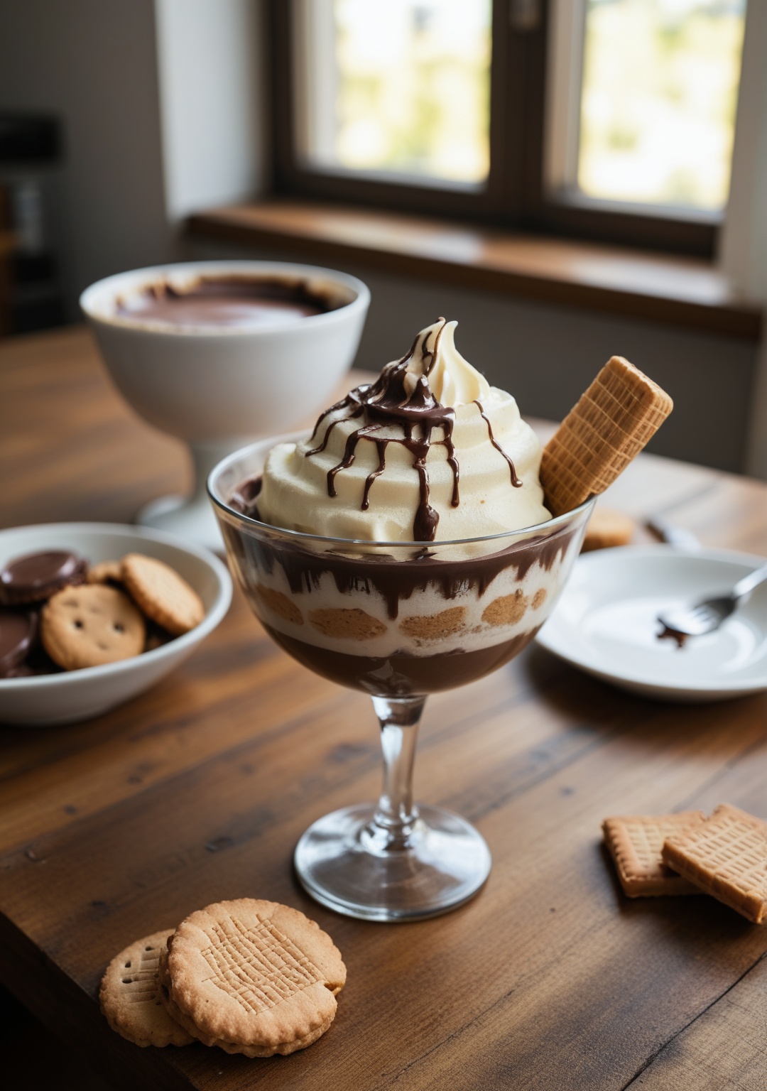 A glass dessert bowl filled with scoops of creamy vanilla ice cream,  topped with rich melted chocolate and caramel sauce,...