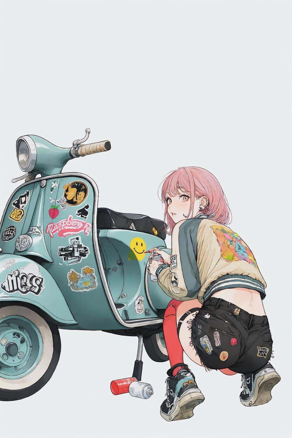 nijiwatercolor1q anime illustration. Backview of a young woman with pink hair,  wearing a light-colored jacket with a larg...