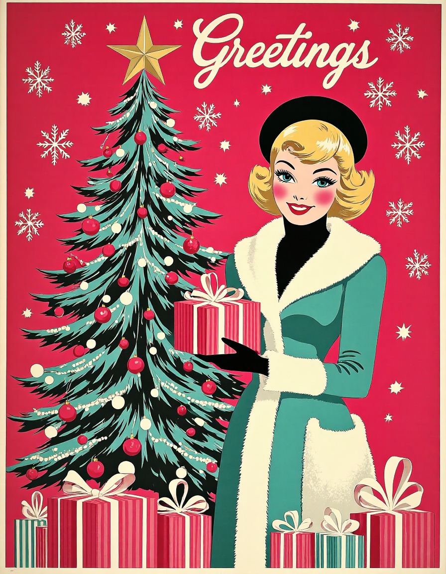retro vintage illustration,  This is a vintage-style Christmas greeting card illustration with a very high aesthetic quali...