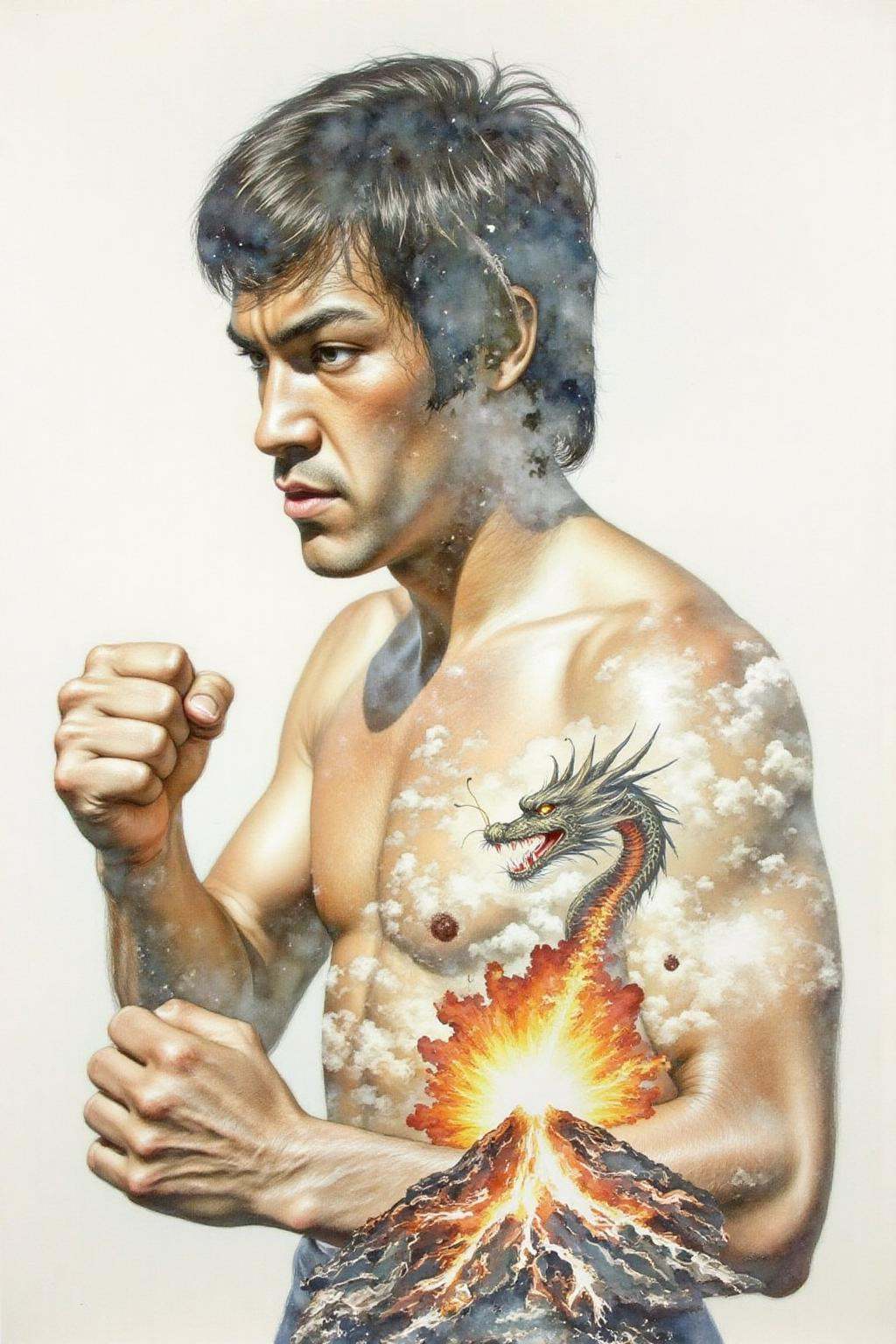Portrait painting,  Bruce Lee,  shirtless on Tensor.Art