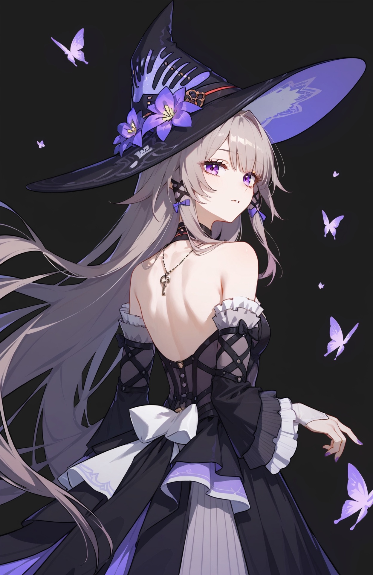 <lora:大黑塔pony:1> theherta, a girl named theherta, 1girl, bare shoulders, witch hat, black headwear, purple flower, hat flower, detached sleeves, black dress, long sleeves, backless dress, frills, bare back, witch, (score_9,score_8_up,score_7_up),(masterpiece,best quality,high quality:1.2),absurdres, prefect lighting, very aesthetic, anime BREAK