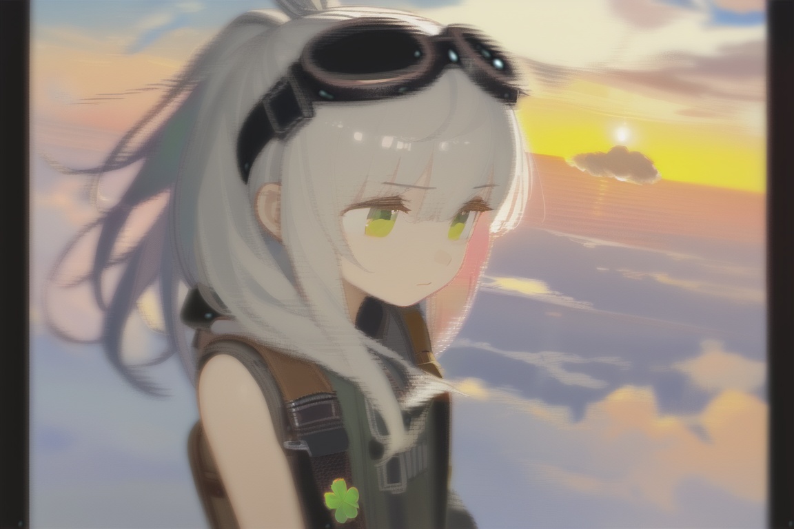 masterpiece,best quality,illustration,ultra detailed,hdr,Depth of field,(colorful),artist:tianliang duohe fangdongye,bright outline,1girl, solo, bomber jacket, pilot coat, goggles on the head, white long hair, Green eyes , four-leaf clover, wind-blown clothes, leather boots, leather material, bare legs, brown backpack, walkie-talkie, antenna, scout, exploration, signal transmitter, sunset, setting sun, Tyndall light, horizon, ultimate color, melancholy expression, the girl looks into the distance, parachute, cumulonimbus, clouds, aerial view, distant view, airship, hyperdetail, nature landscape, clouds,   <lora:AnimeOriginalArtStyleShadow_PONYXL_d4a1:0.4>