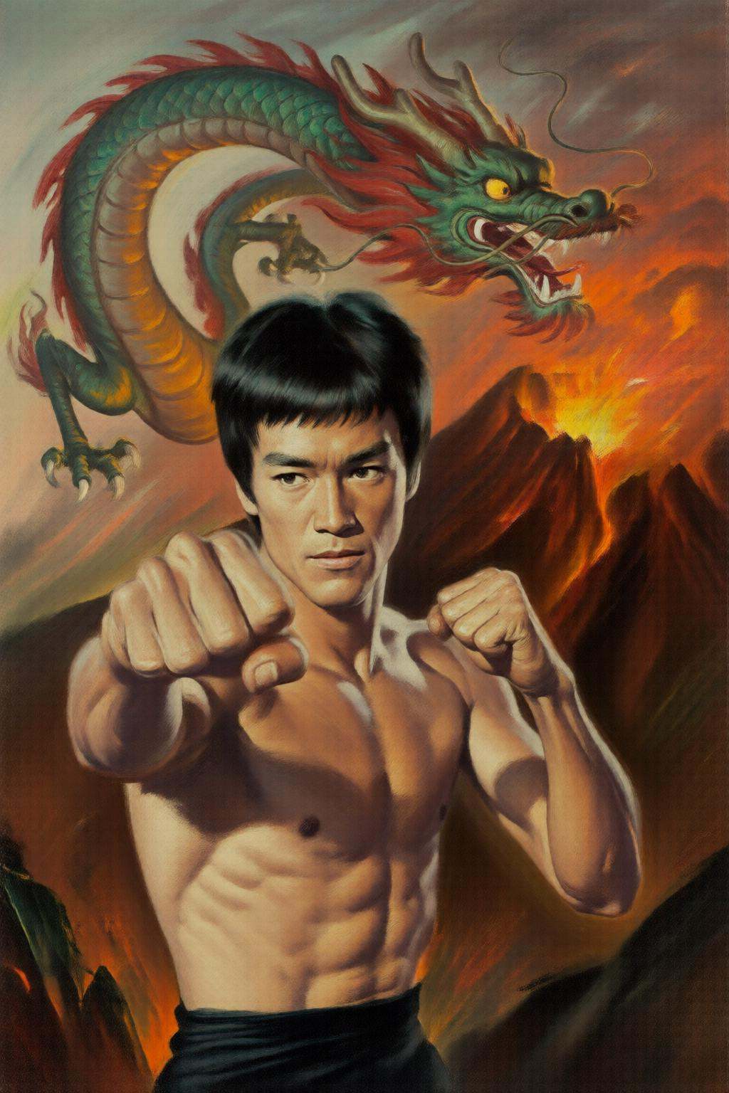 walterbaumhofer2q illustration. Portrait painting,  Bruce Lee,  shirtless on Tensor.Art