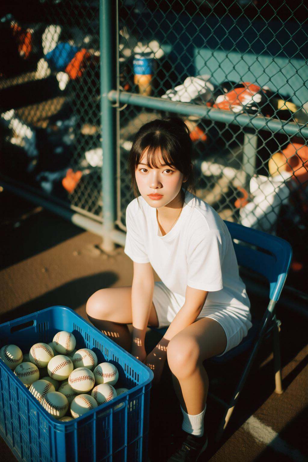 midjourneyhighangle13q High angle view.A young Asian woman sitting on a folding chair,  dressed in a white T-shirt and whi...