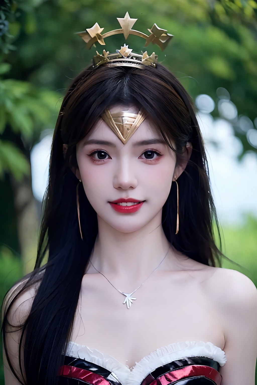 incredibly absurdres,huge filesize,ultra-high definition,extreme detail,8k,realistic,(masterpiece:1.3),(best quality:1.3),(photorealistic:1.4),realistic,4k,detail face,,1,jewelry,1girl,necklace,black hair,long hair,solo focus,dress,red lips,bare shoulders,black dress,black eyes,smile,looking at viewer,earrings,strapless,strapless dress,multiple boys,lips,lipstick,tiara,parted lips,circlet,mazinger,<lora:_20241117093713-000006:0.8>
