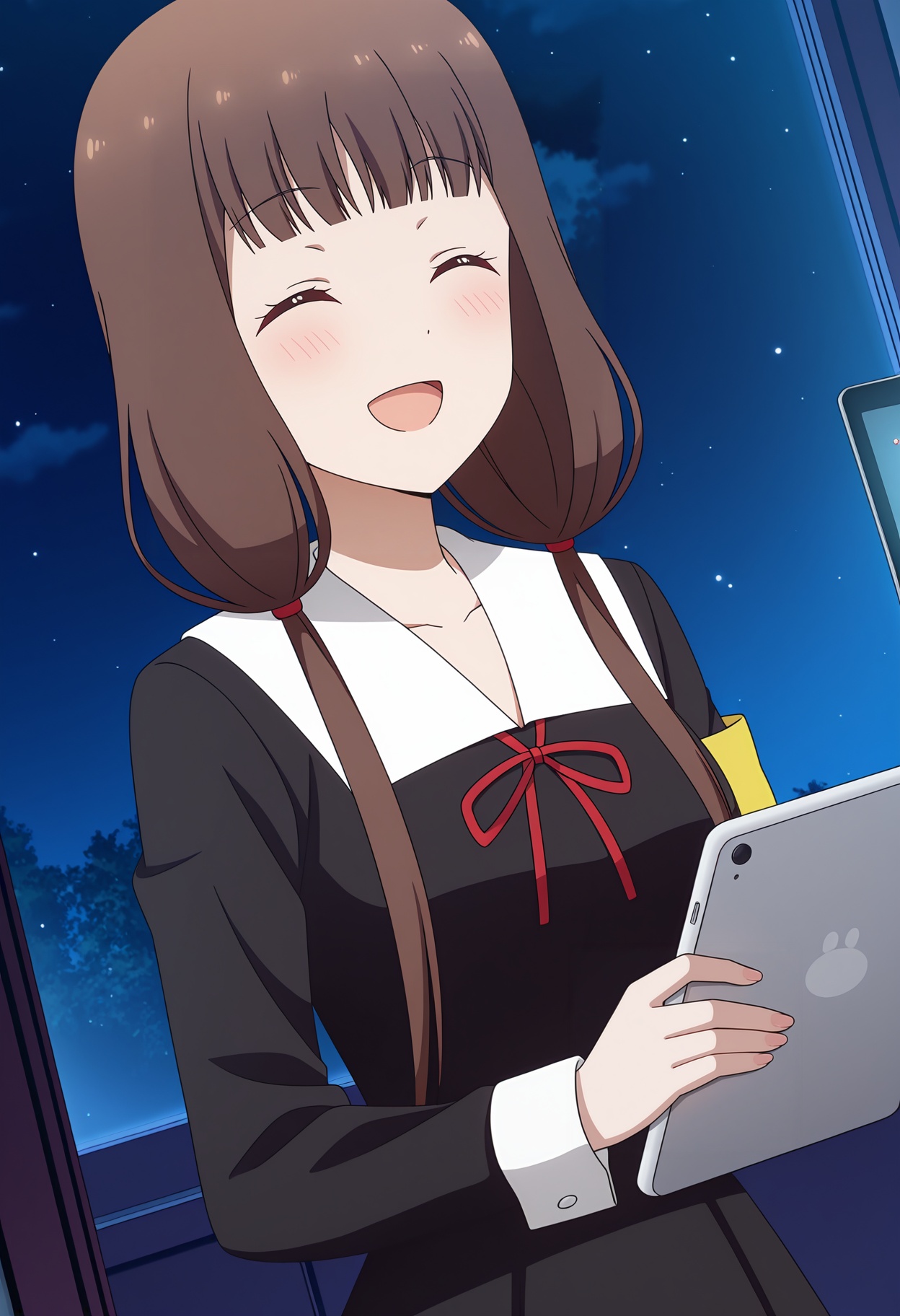 <lora:Iino Miko_illustrious-000010:1>,Iino Miko,1girl,solo,school uniform,closed eyes,smile,open mouth,dress,red ribbon,blush,black dress,long sleeves,holding,ribbon,armband,:d,neck ribbon,night,upper body,tablet pc,collarbone,^_^,collared dress,anime screencap,