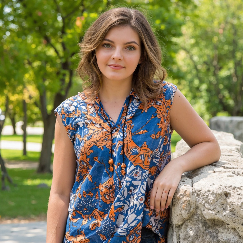 A portrait camren_bicondova outdoors, captured in a candid moment. She leans against a stone wall, her right hand resting on the edge. She wears a sleeveless blouse with a vibrant blue and orange pattern, featuring intricate geometric designs and tassels. Her hair is styled in loose waves, and she has a neutral expression. The background is a lush green park with trees and a pathway, indicating a sunny day. The image style is casual and relaxed, emphasizing the subject's natural beauty.