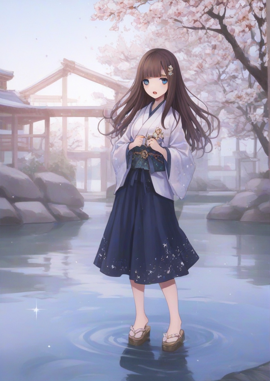 1girl,blue eyes, brown hair, company name, doll, full body, hair ornament, japanese clothes, long hair, open mouth, solo, sparkle, water <lora:海凪コウ_koh-minagi:1> zPDXL3