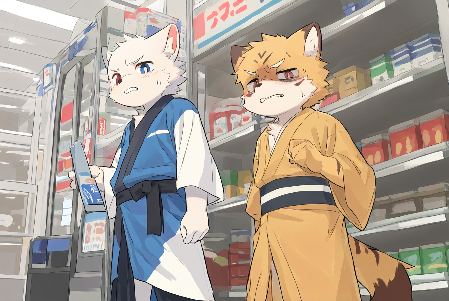 1boy,convenience store,kimono,shota,disgust,furry,from_below,