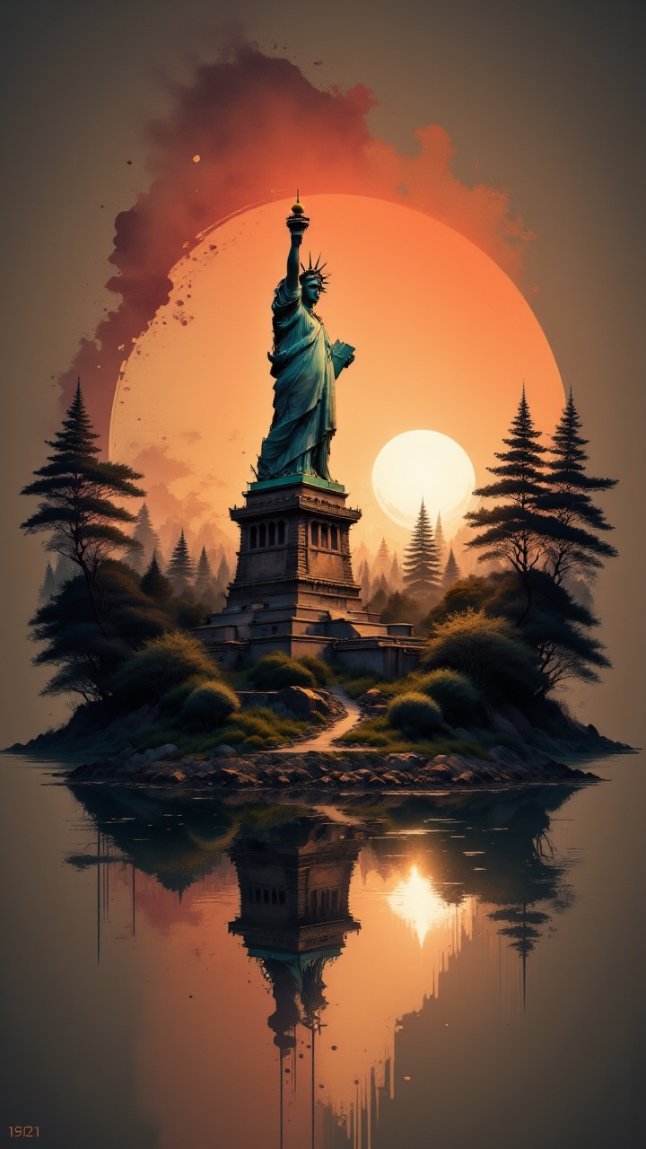 deep rich colors,  Rule of Thirds,  The iconic Statue of Liberty stands tall in the heart of Vijaypur on Tensor.Art