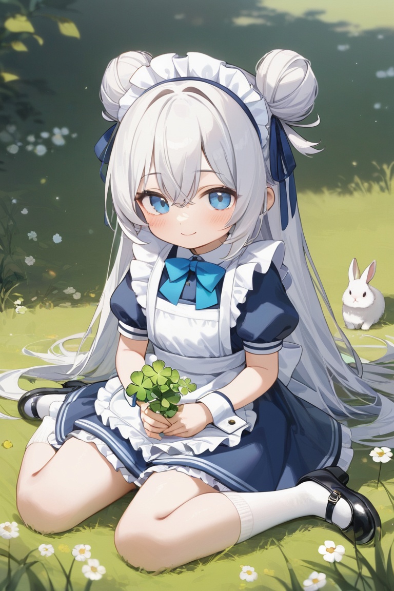1girl, solo, long hair, looking at viewer, blush, smile, bangs, blue eyes, dress, bow, ribbon, holding, hair between eyes, sitting, very long hair, closed mouth, full body, flower, white hair, short sleeves, frills, shoes, socks, puffy sleeves, hair bun, chibi, black footwear, apron, puffy short sleeves, wrist cuffs, maid, maid headdress, double bun, blue dress, animal, blue bow, wariza, grass, white flower, blue ribbon, white socks, white apron, mary janes, maid apron, frilled apron, rabbit, holding flower, clover,great quality,masterpiece,very aesthetic,absurdres