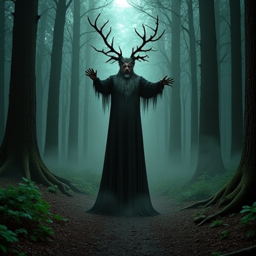 eerie forest. At the top of the image,  and chaotic scene. The central figure is a man with wild on Tensor.Art