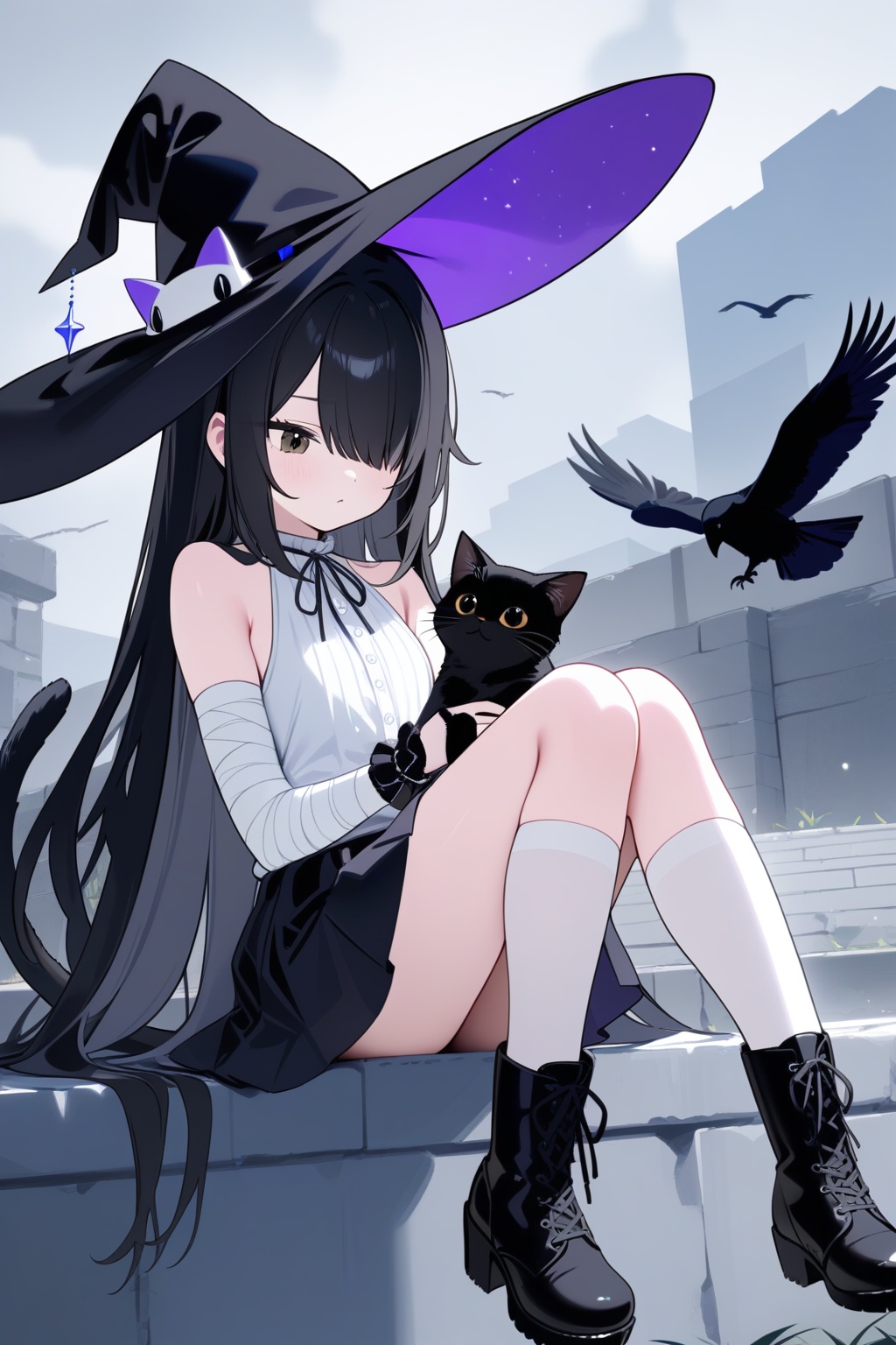 1girl,cat girl,solo,best quality,detailed,sitting,holding cat,cat tail,cat ears,multiple tails,hair over one eye,long hair,black hair,bangs,bandaged leg,witch hat,black skirt,boots,black footwear,white shirt,white socks,black gloves,pleated skirt,kneehighs,bare shoulders,black nails,black cat,bandaged arm,black headwear,outdoors,white cat,dog,cloudy sky,cat on head,crow,animal on lap,