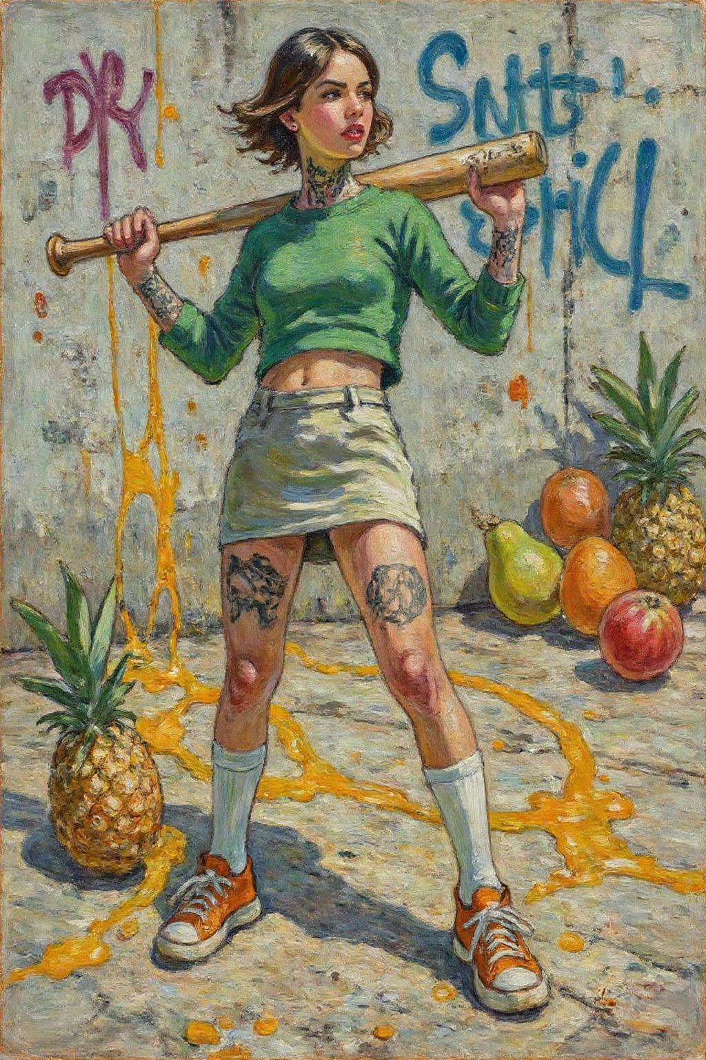 dorotheasharp1 painting. Liquid splash,  cartoonish juicy fruits chaos,  dynamic pose on Tensor.Art
