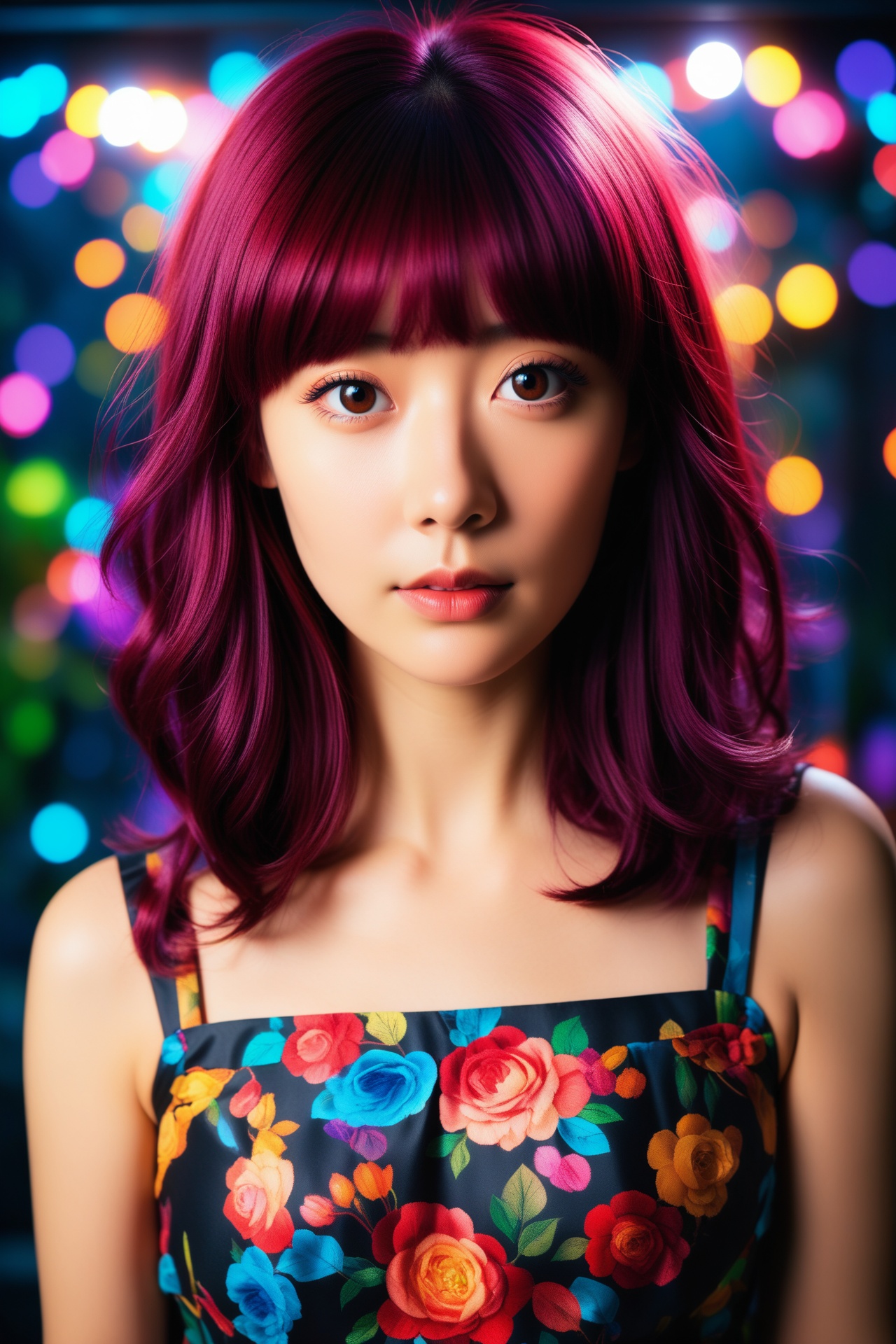 A gorgeous woman with shoulder-length maroon hair and stylish bangs. The lighting is a combination of gel lights that cast...