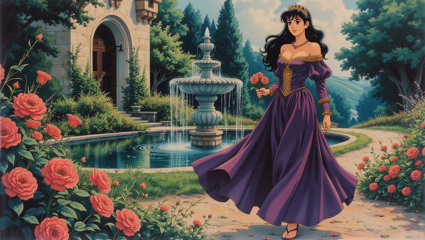 A noblewoman,  adorned in a flowing gown of deep purple and gold,  strolls through a lush castle garden. She holds a small...