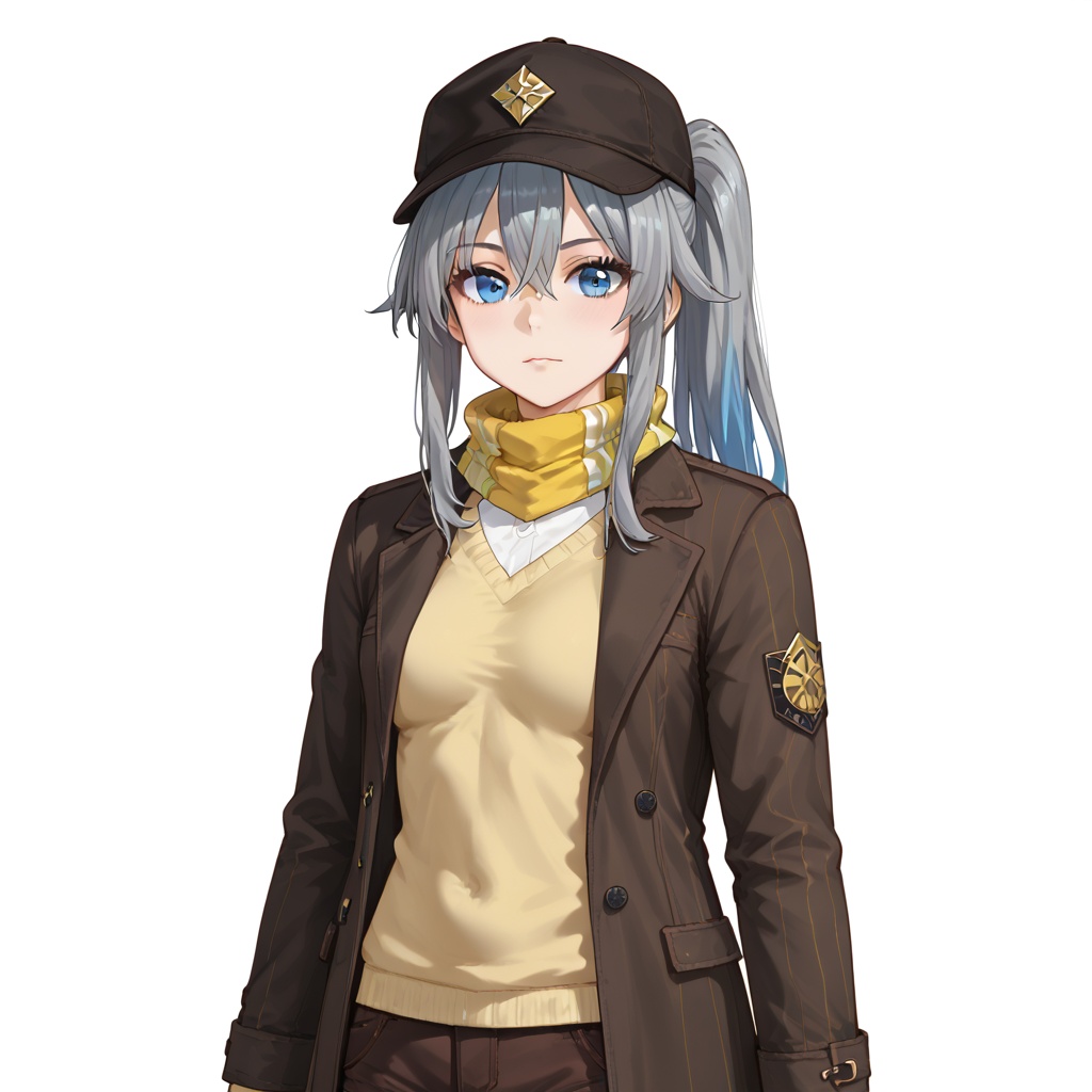 (white background:1.2),looking at viewer,(SOLO:1.4),outline,simple background,upper body, cowboy shot,looking at viewer,(((arms at side))),   long hair, bangs, blue eyes, hair between eyes, fu hua, brown jacket, yellow scarf, ponytail, grey hair, blue hair, brown flat cap, yellow sweater, green vertical-striped legwear, vertical-striped legwear, brown shorts<lora:lvzhe-2-pony:0.8>