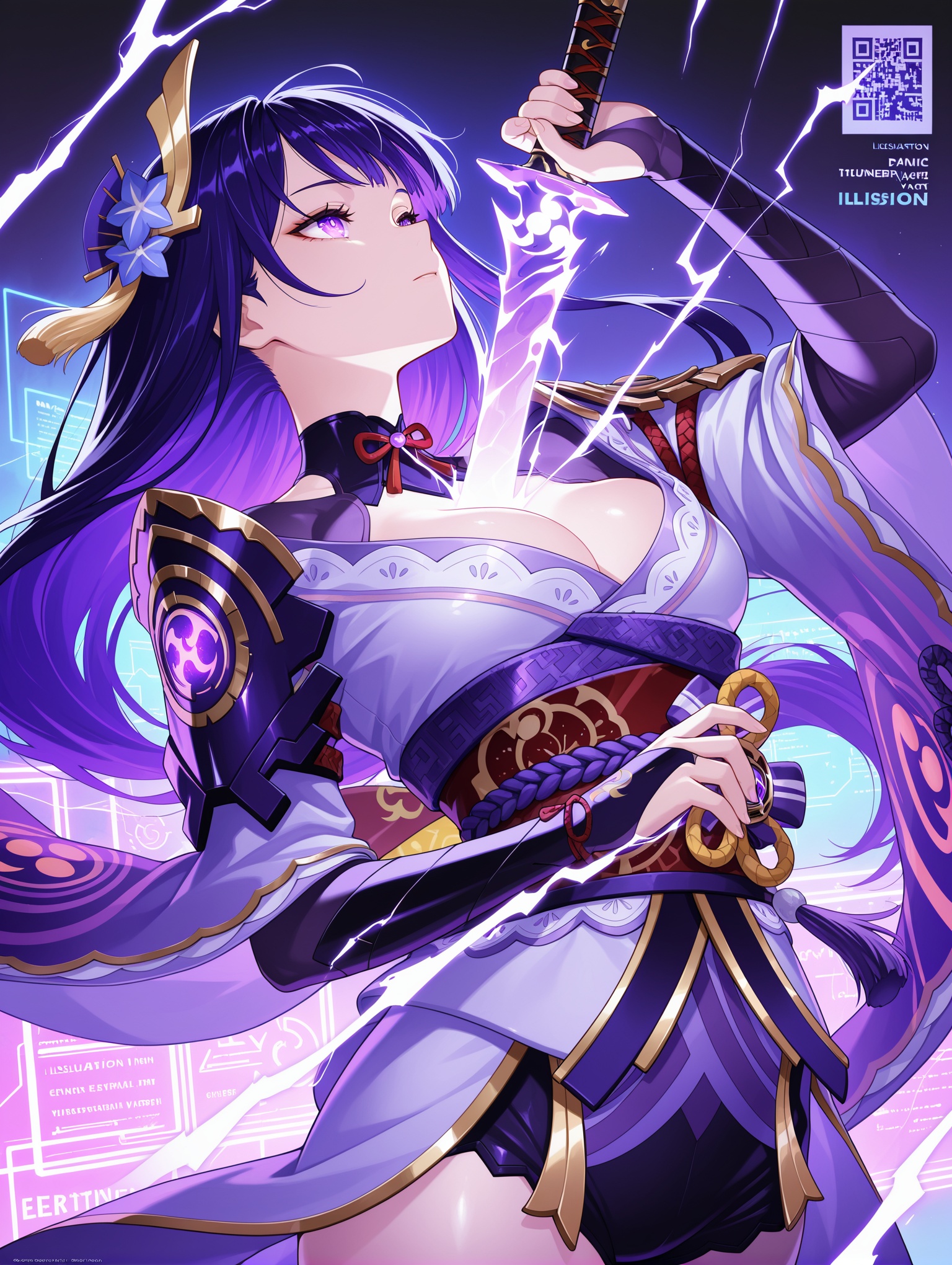 cover,geometric background,Dojinshi,Graphic Design,illustration cover,color art, intricate details, high contrast, detailed background, beautiful detailed, beautiful face, blight face, large pupil, eyelashes, brilliant skin, 1girl, solo,facing up, electricity,floating hair,holding sword,human scabbard,musou isshin (genshin impact), cyberpunk warrior, neon lights, glowing katana, electric purple armor, holographic circuits,  vibrant colors, cinematic lighting, high-tech accessories, futuristic vibes, ready to draw, scabbard, dynamic pose, thunder sword,masterpiece,best quality,amazing quality,